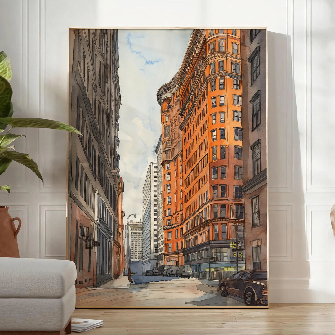 Art Deco building watercolor poster in black and green, architecture print. - in a bright minimalist room with a plant and an armchair