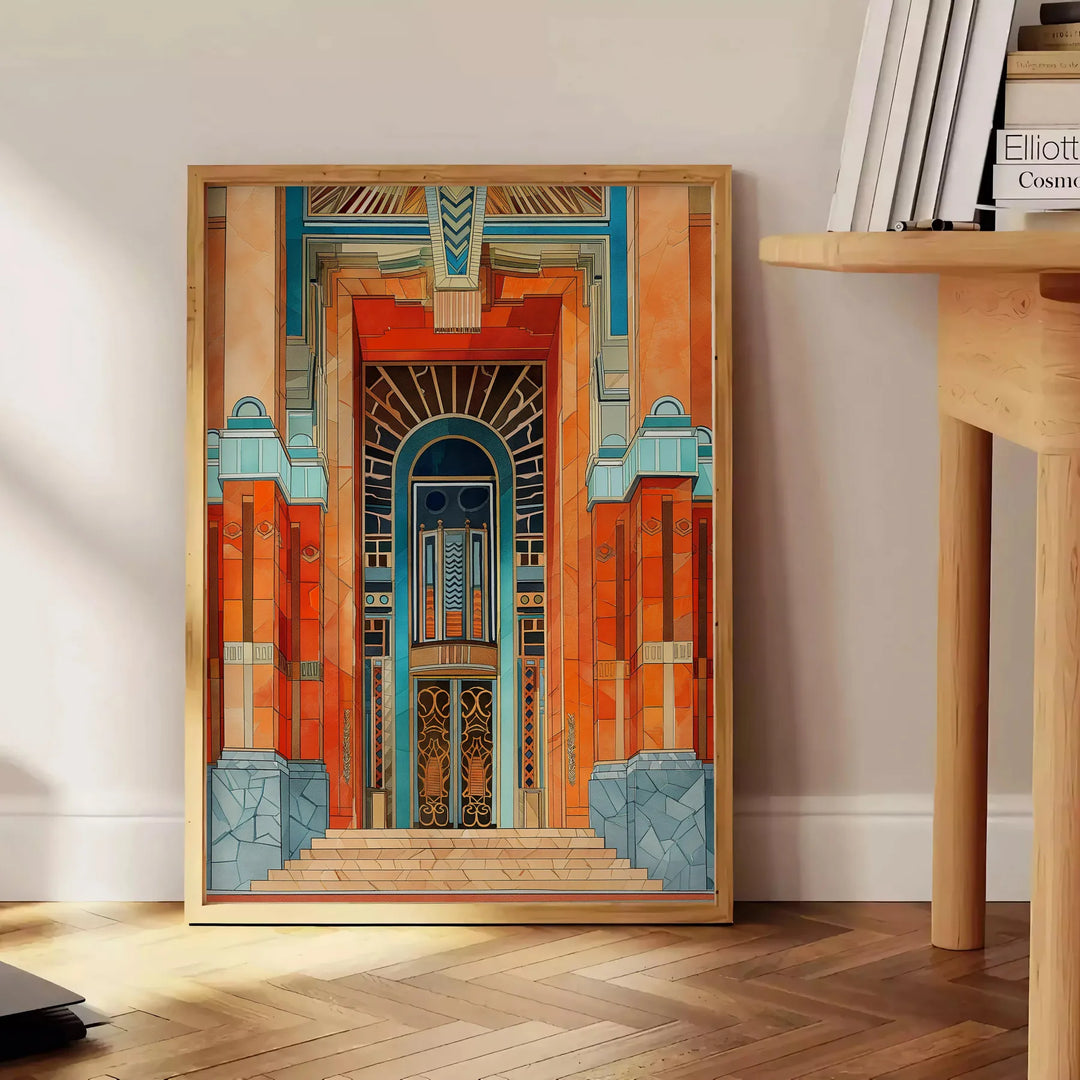 Watercolor depiction of an Art Deco building with green and blue tones - beside a round wooden side table with books