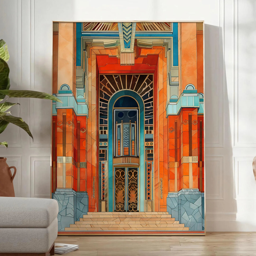 Watercolor depiction of an Art Deco building with green and blue tones - in a bright minimalist room with a plant and an armchair