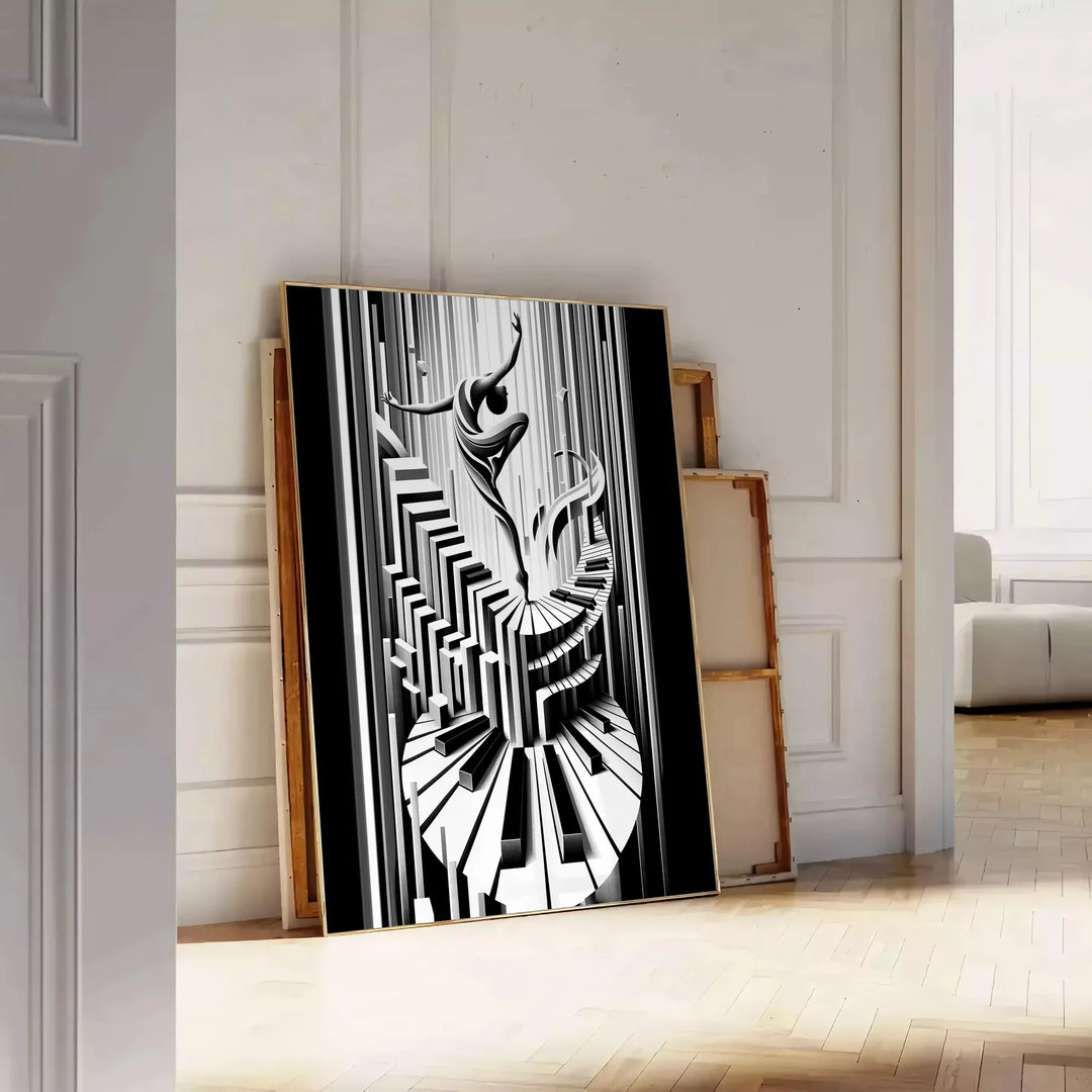 Art Deco poster featuring a jazz dancer silhouette in black and gray - leaning on a herringbone floor against a white panelled wall