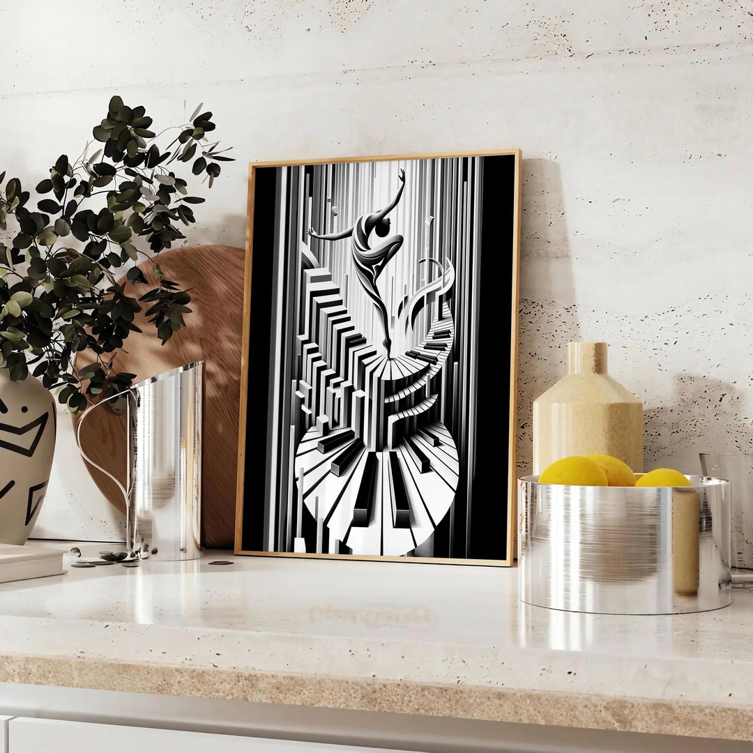 Art Deco poster featuring a jazz dancer silhouette in black and gray - styled on a counter with eucalyptus and a bowl of lemons