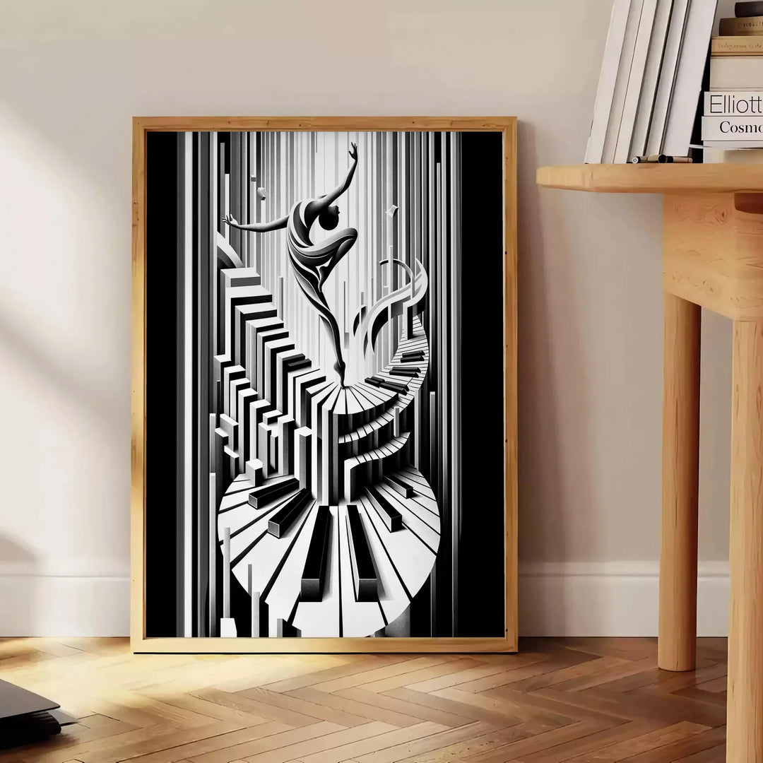 Art Deco poster featuring a jazz dancer silhouette in black and gray - beside a round wooden side table with books