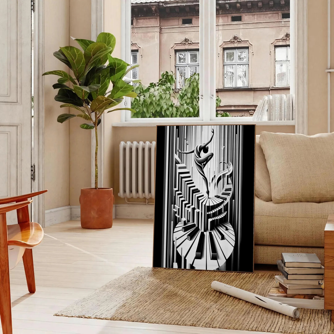 Art Deco poster featuring a jazz dancer silhouette in black and gray - in a Parisian living room with a sofa and a fig plant
