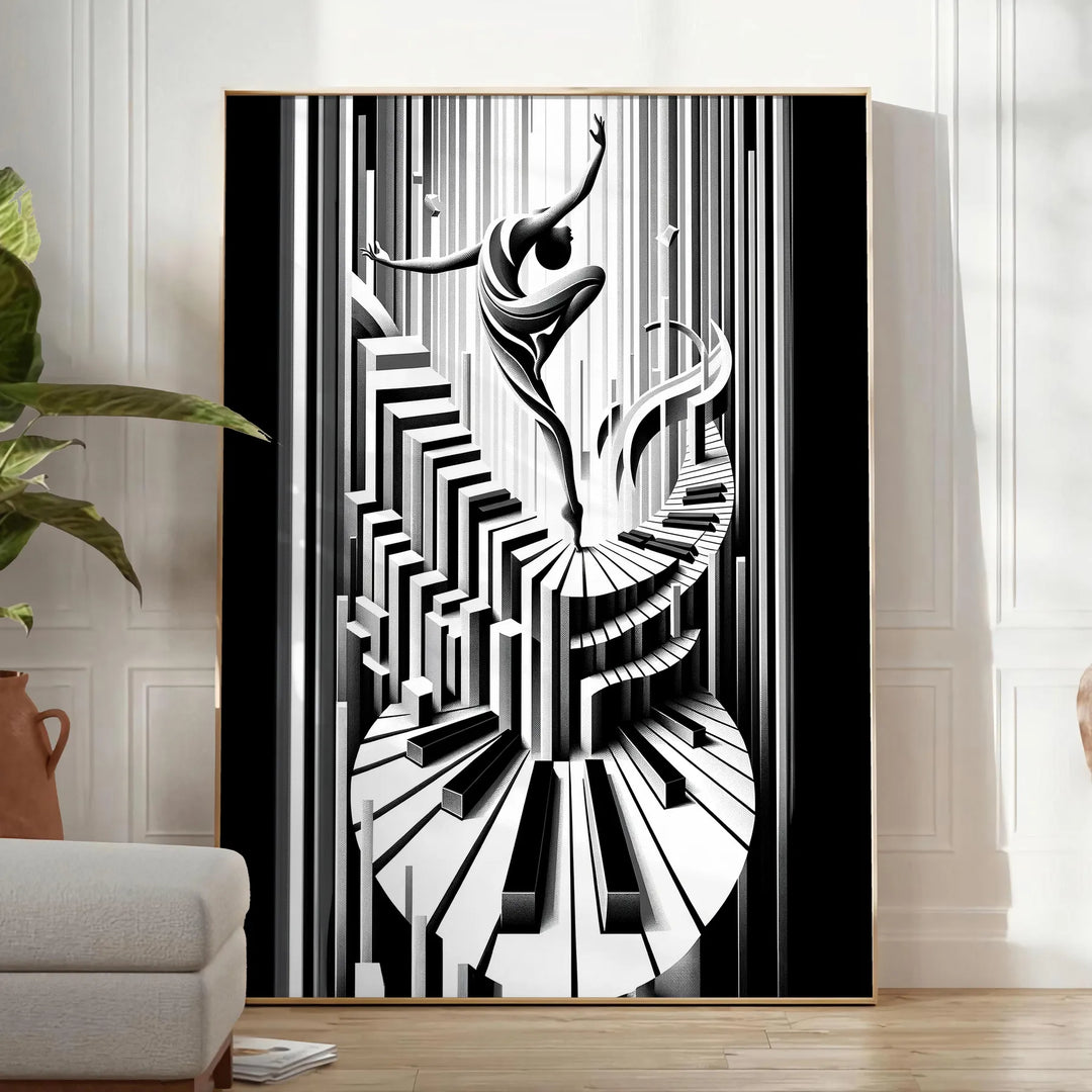 Art Deco poster featuring a jazz dancer silhouette in black and gray - in a bright minimalist room with a plant and an armchair
