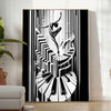 Art Deco poster featuring a jazz dancer silhouette in black and gray - in a bright minimalist room with a plant and an armchair