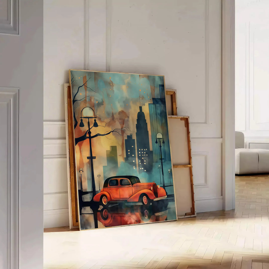 Art Deco travel poster with green and orange painting-style landscape - leaning on a herringbone floor against a white panelled wall