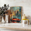 Art Deco travel poster with green and orange painting-style landscape - styled on a counter with eucalyptus and a bowl of lemons