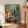 Art Deco travel poster with green and orange painting-style landscape - beside a round wooden side table with books
