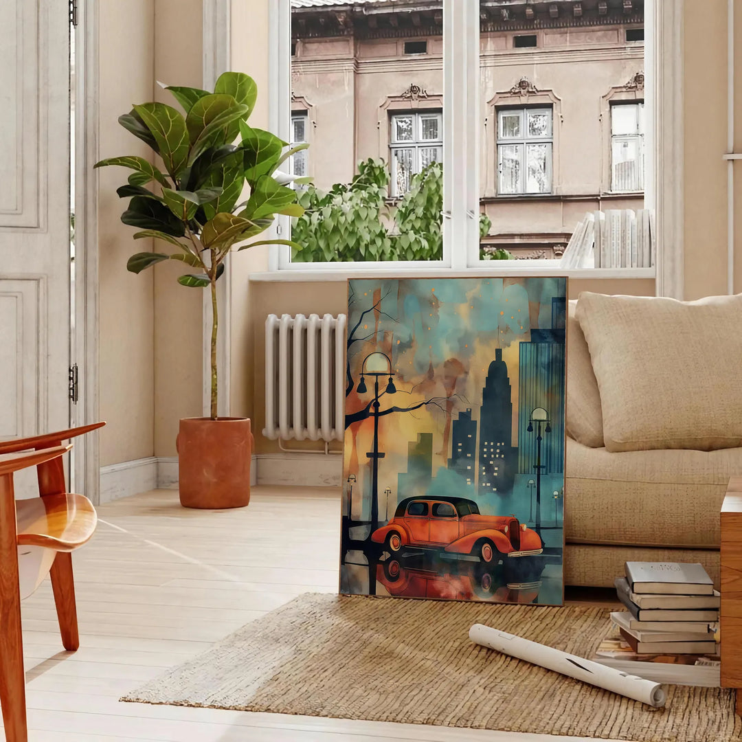 Art Deco travel poster with green and orange painting-style landscape - in a Parisian living room with a sofa and a fig plant