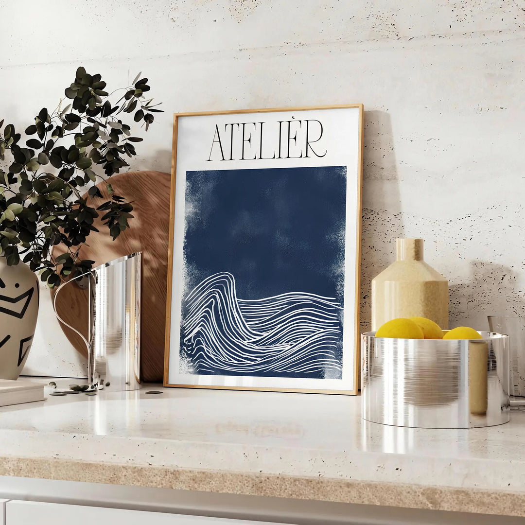 Atelier Maximalist blue and green abstract maximalist poster with layered shapes - styled on a counter with eucalyptus and a bowl of lemons