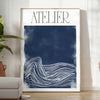Atelier Maximalist blue and green abstract maximalist poster with layered shapes - in a bright minimalist room with a plant and an armchair