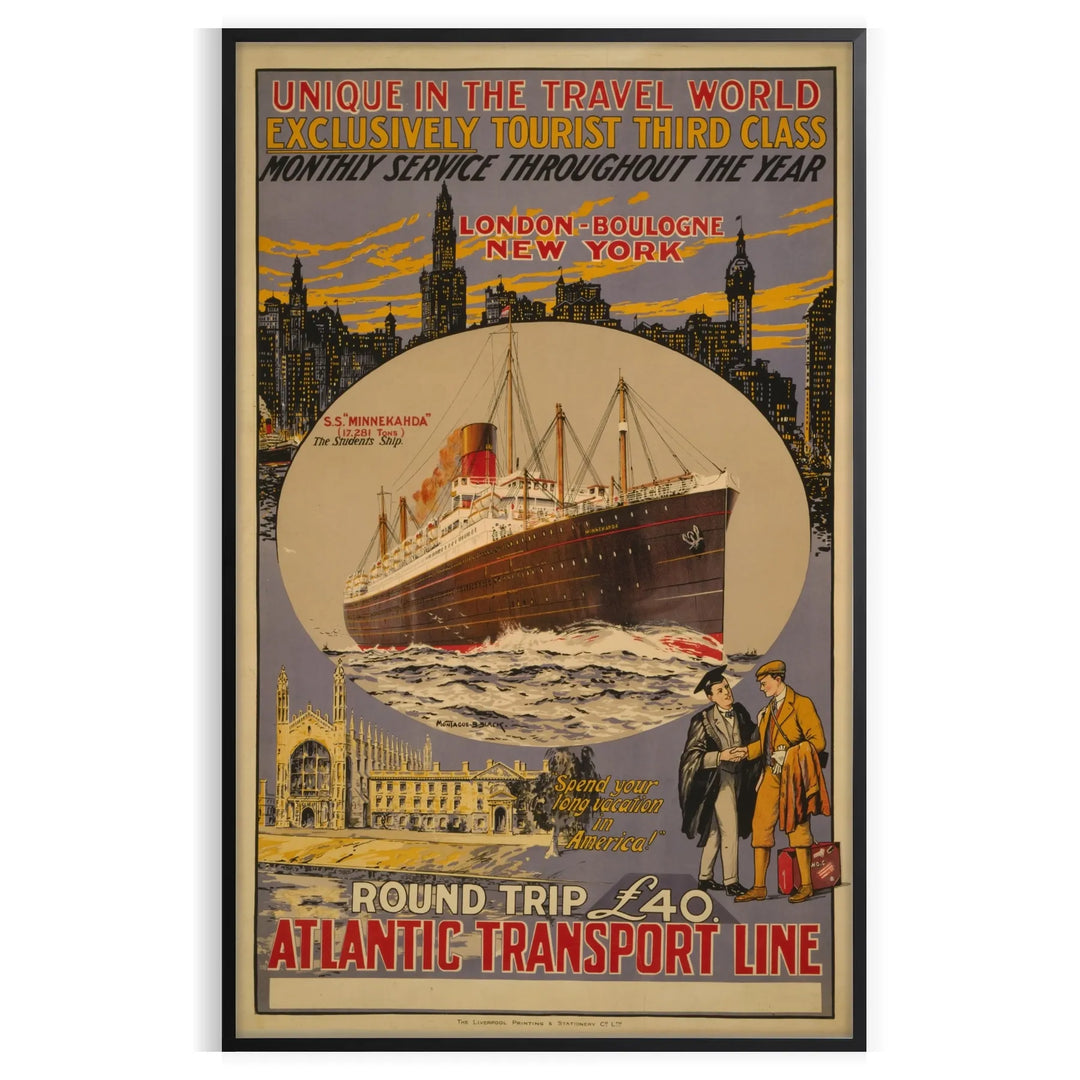 Black and gray Atlantic transport liner travel poster, vintage graphic artwork