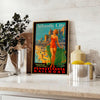 Retro travel poster depicting Atlantic City with seaside imagery in green and orange hues - styled on a counter with eucalyptus and a bowl of lemons