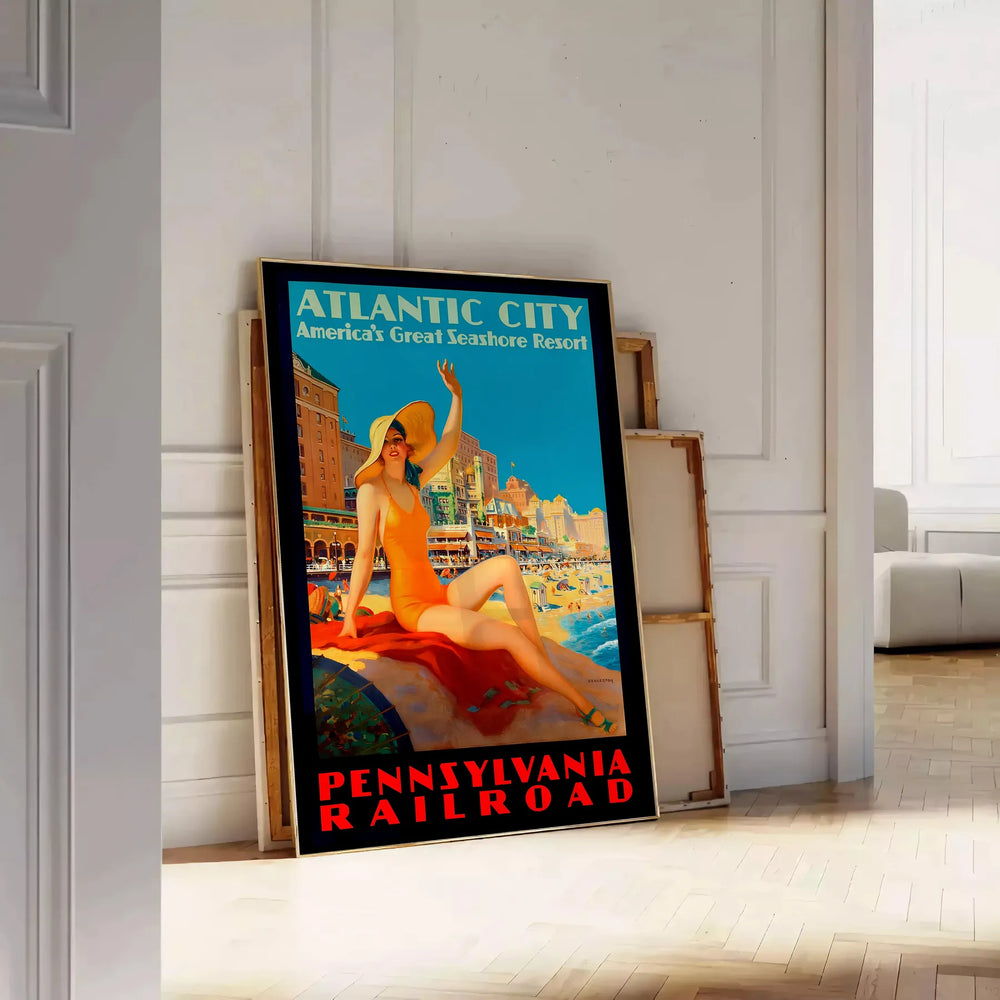 Retro illustration of Atlantic City with a beach and boardwalk in blue tones
