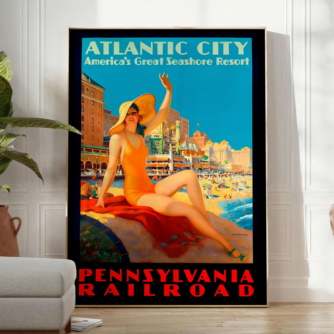 Retro illustration of Atlantic City with a beach and boardwalk in blue tones - in a bright minimalist room with a plant and an armchair