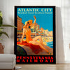 Retro illustration of Atlantic City with a beach and boardwalk in blue tones - in a bright minimalist room with a plant and an armchair