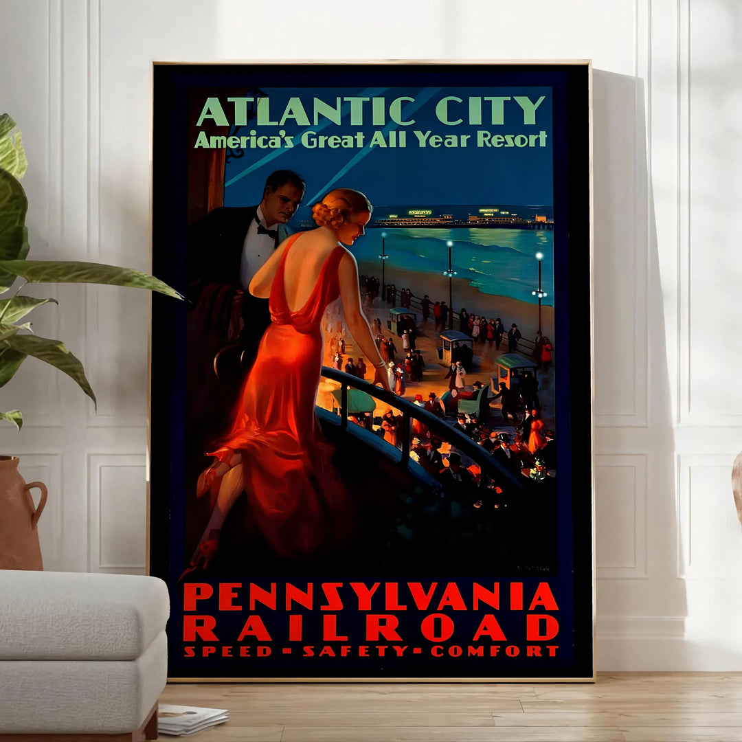 Mid-Century-Stil-Poster mit Atlantic City in Grautönen und Schwarz - in einem hellen minimalistischen Raum mit Pflanze und Sessel