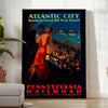 Mid-Century-Stil-Poster mit Atlantic City in Grautönen und Schwarz - in einem hellen minimalistischen Raum mit Pflanze und Sessel