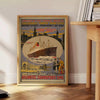 Black and gray Atlantic transport liner travel poster, vintage graphic artwork - beside a round wooden side table with books