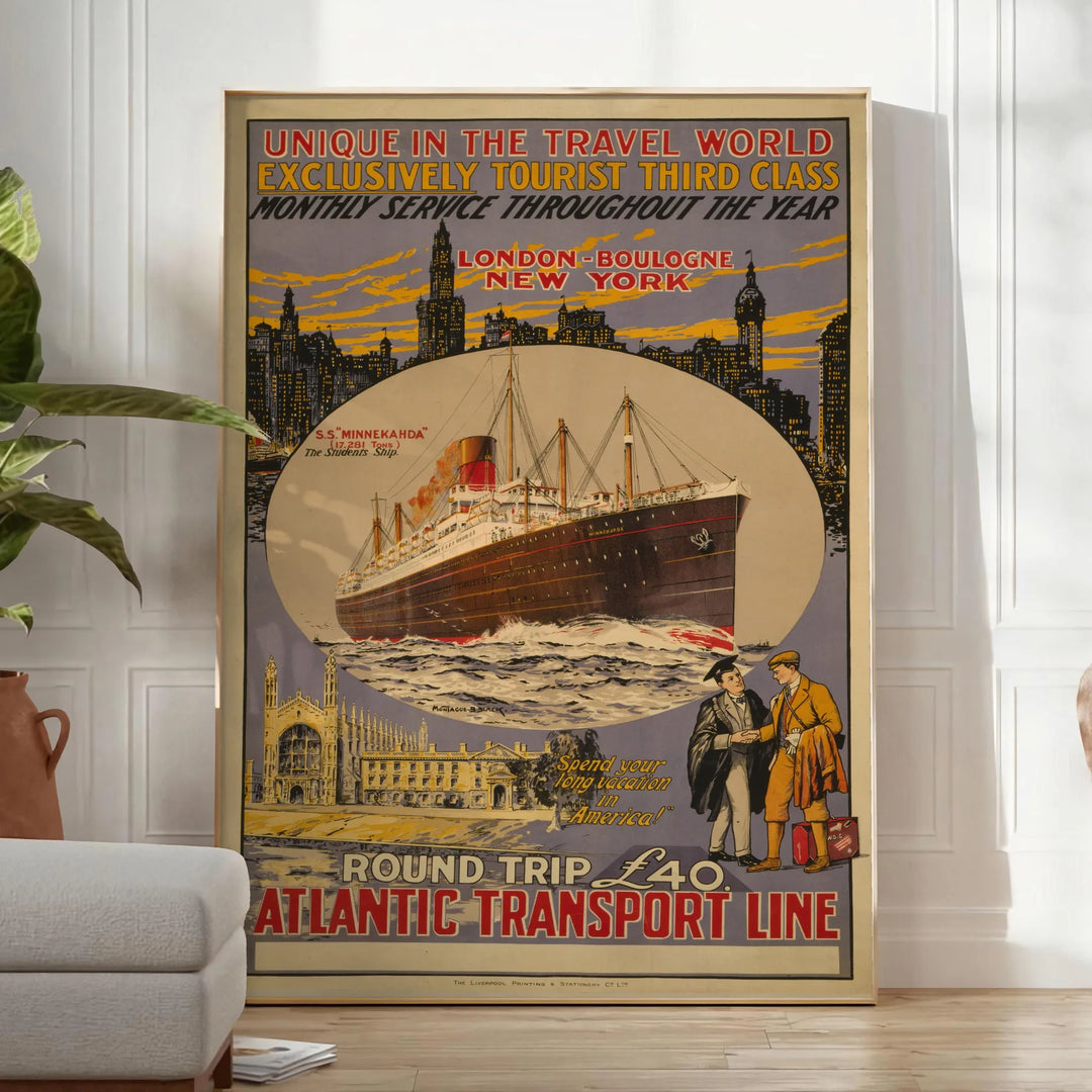 Black and gray Atlantic transport liner travel poster, vintage graphic artwork - in a bright minimalist room with a plant and an armchair