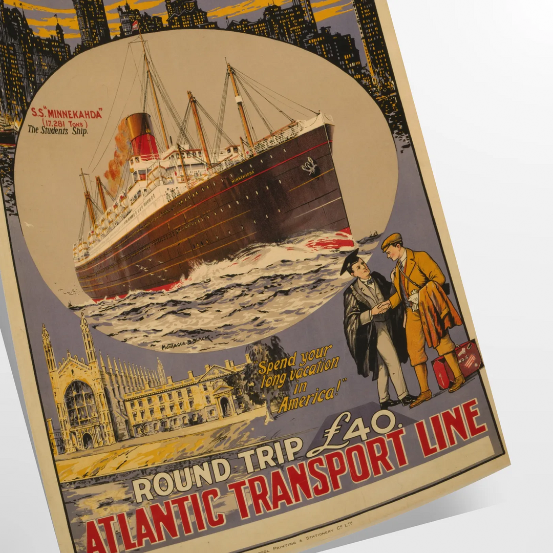 Black and gray Atlantic transport liner travel poster, vintage graphic artwork - as a rolled, unframed print