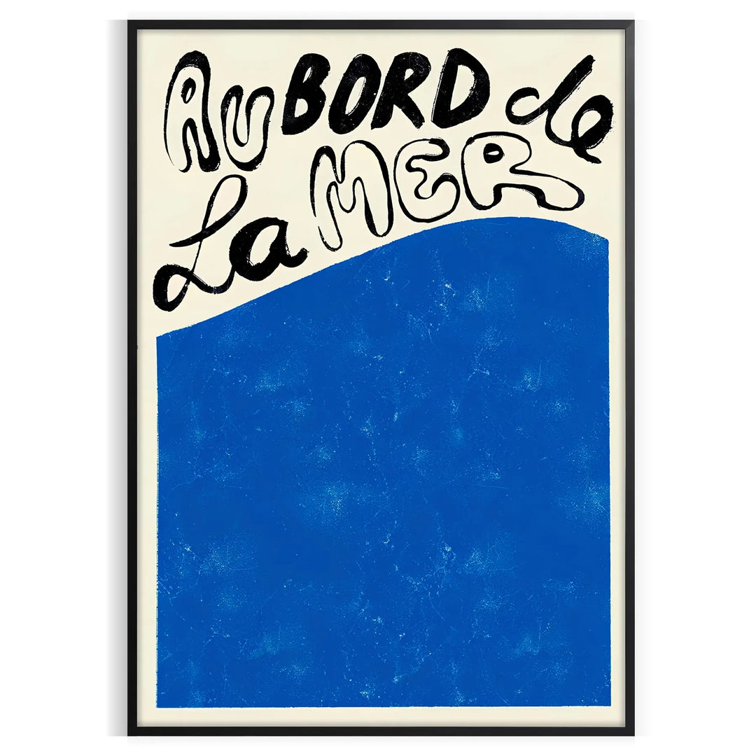 Maximalist seaside wall poster in blue and black, bold layered composition