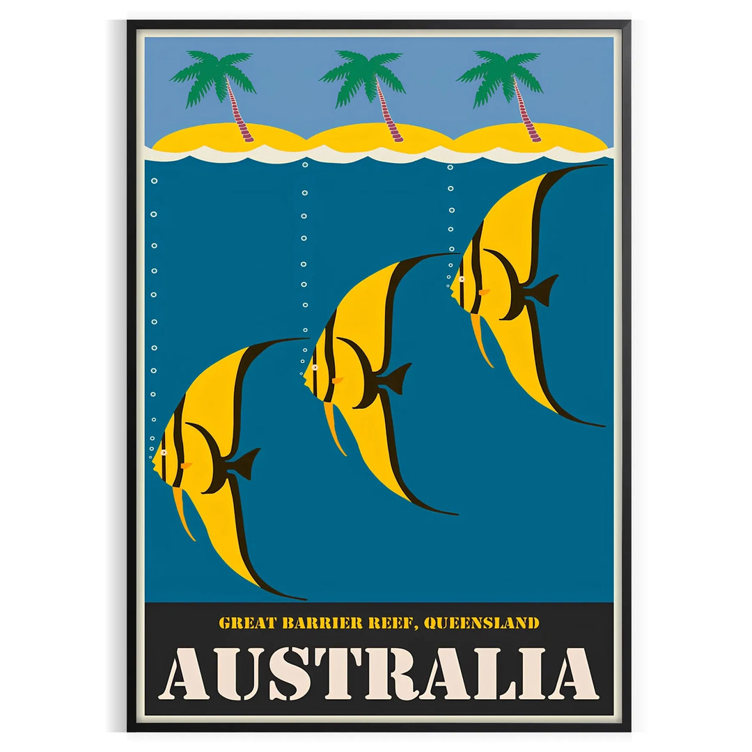 Vintage Australia travel poster with bold yellow and black graphics