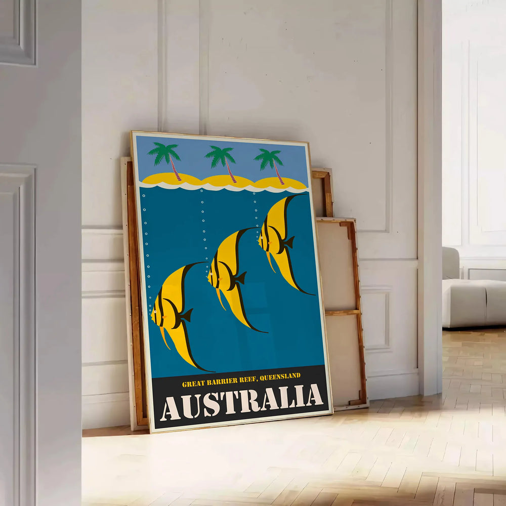 Vintage Australia travel poster with bold yellow and black graphics