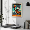 Bold graphic poster featuring a black and red basketball design with New York elements
