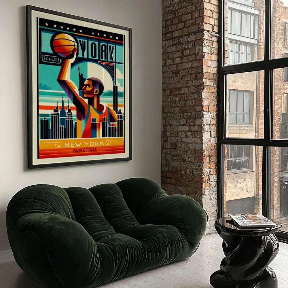 Bold graphic poster featuring a black and red basketball design with New York elements
