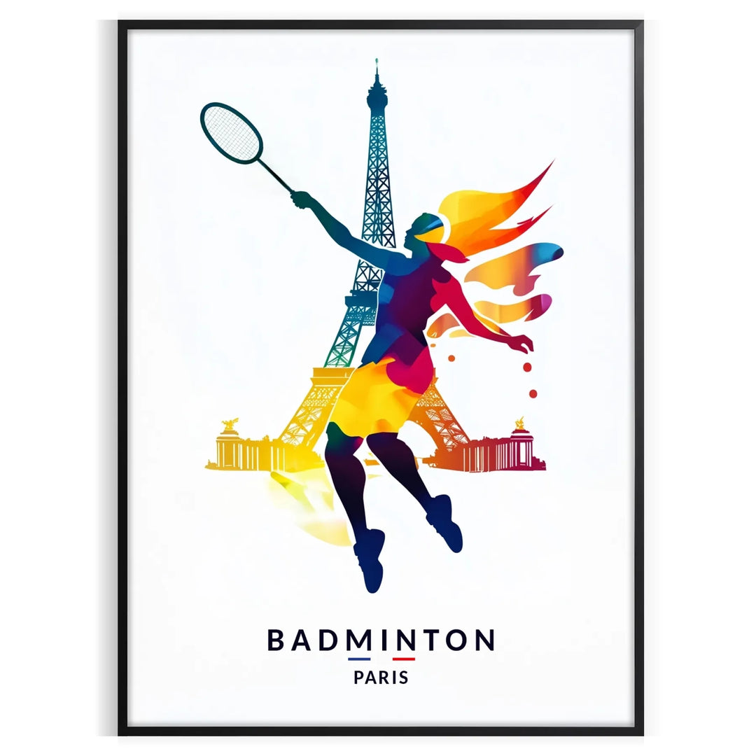 Dynamic badminton players in action with the Paris skyline in the background