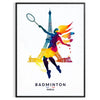 Dynamic badminton players in action with the Paris skyline in the background - in a black frame