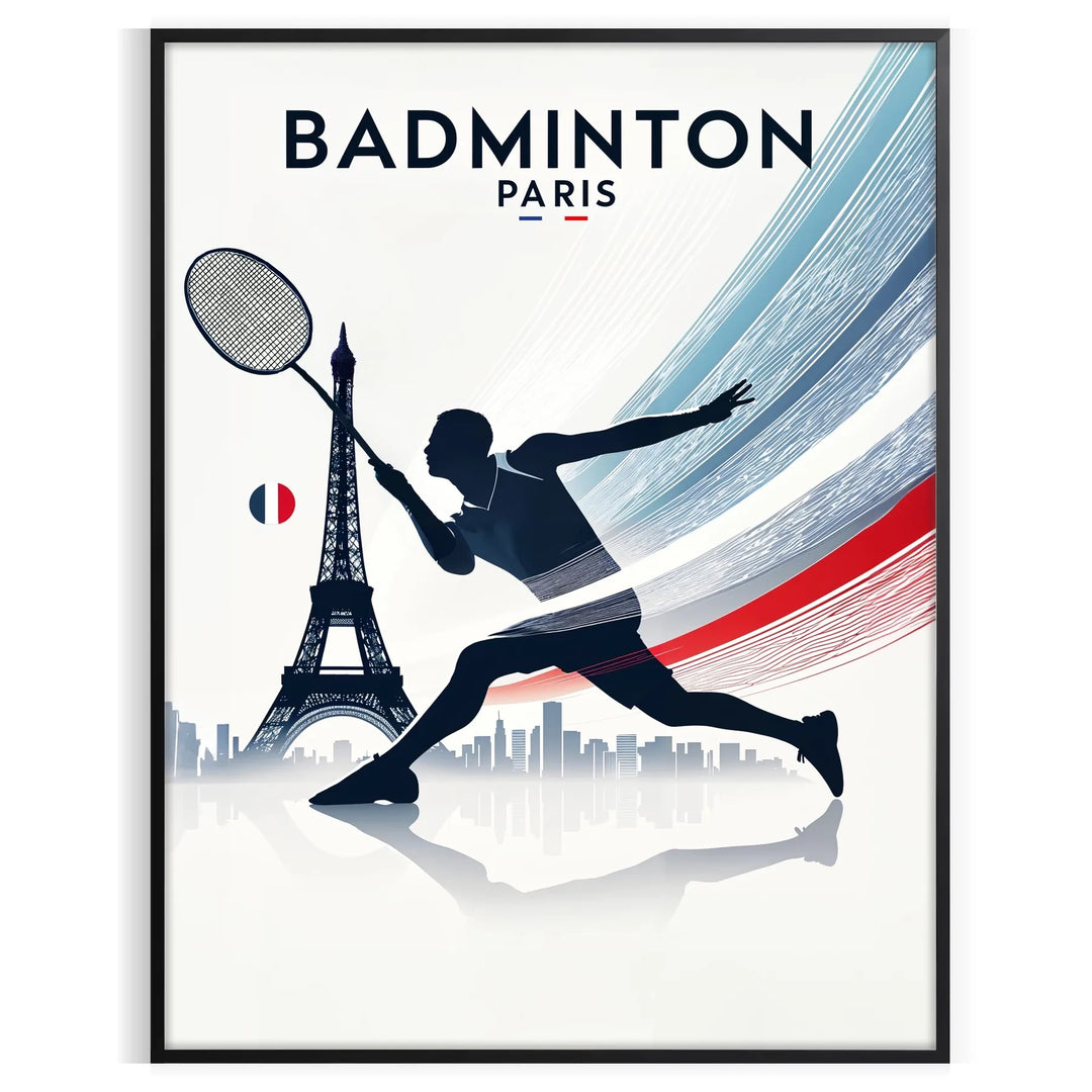 Poster showing stylized badminton player and Paris skyline, minimal graphic design