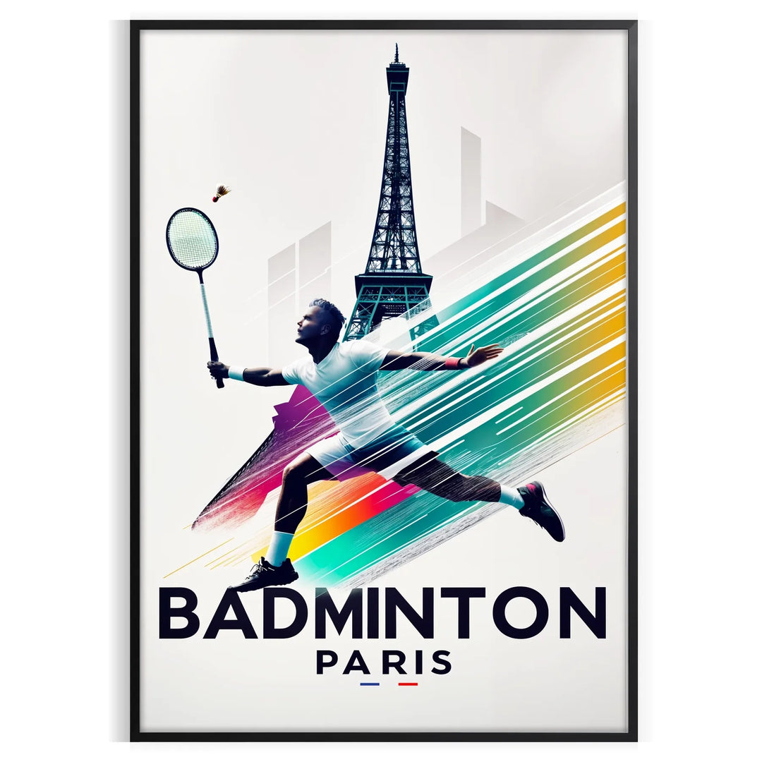 Art poster showing dynamic badminton player silhouette in modern graphic style