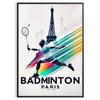 Art poster showing dynamic badminton player silhouette in modern graphic style - in a black frame