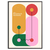 Bauhaus-geometrisches Poster mit abstrakten grünen und orangefarbenen Formen - in einem schwarzen Rahmen