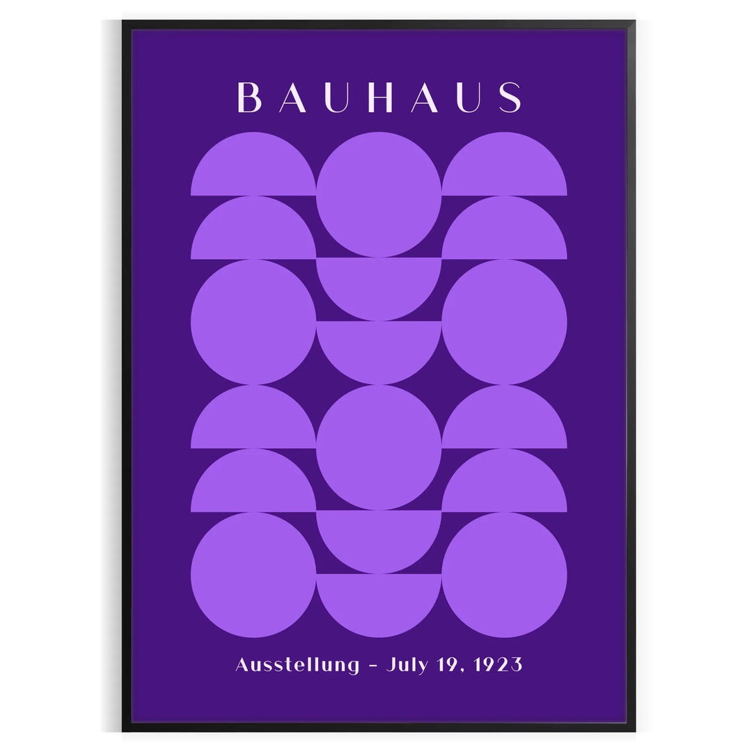 Purple and white geometric Bauhaus poster, bold minimalist shapes on paper