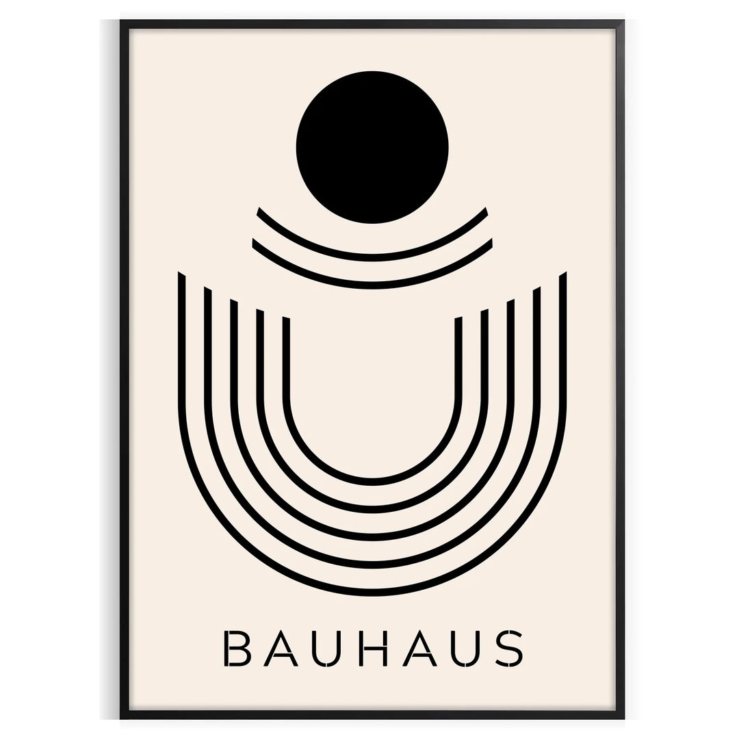 Gray and black Bauhaus geometric poster featuring minimalist abstract shapes
