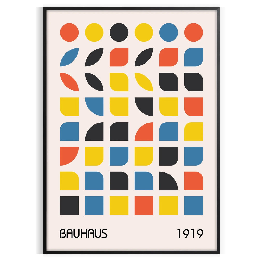 Bauhaus style abstract design with dynamic shapes in orange and blue