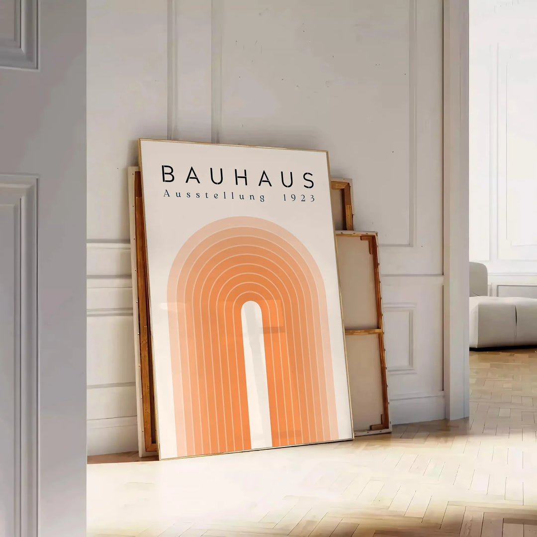Poster of Bauhaus abstract geometric modernist design in red blue black - leaning on a herringbone floor against a white panelled wall