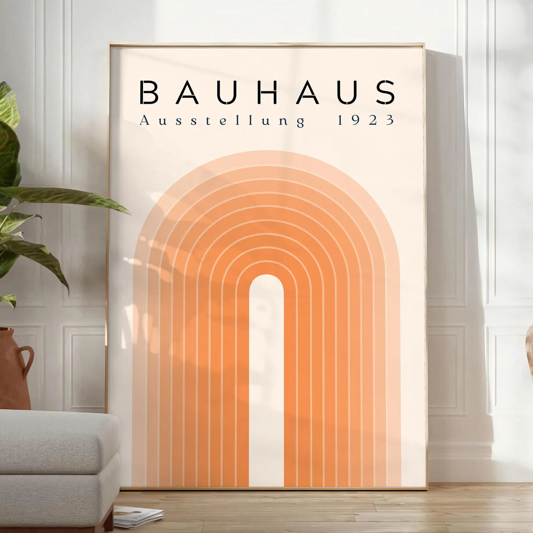 Poster of Bauhaus abstract geometric modernist design in red blue black - in a bright minimalist room with a plant and an armchair