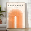 Poster of Bauhaus abstract geometric modernist design in red blue black - in a bright minimalist room with a plant and an armchair