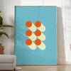 Bauhaus geometric abstract poster with bold red, blue, yellow shapes - in a bright minimalist room with a plant and an armchair