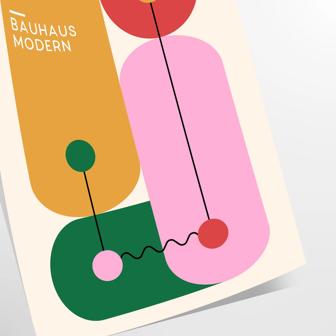Bauhaus-geometrisches Poster mit abstrakten grünen und orangefarbenen Formen