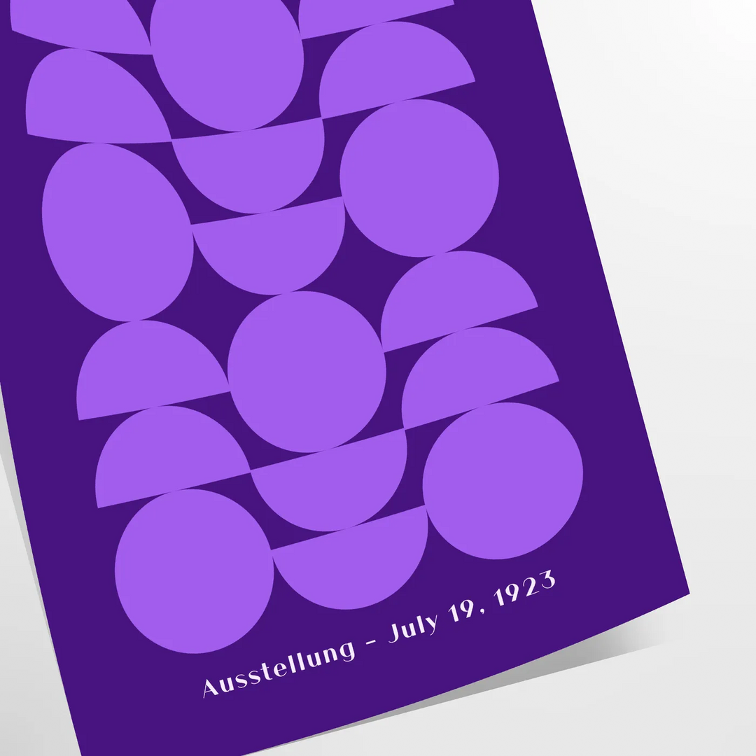 Purple and white geometric Bauhaus poster, bold minimalist shapes on paper