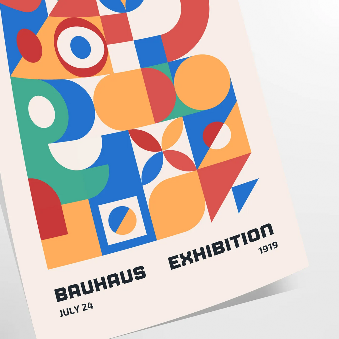 Bauhaus geometric abstract poster with orange and blue minimalist shapes