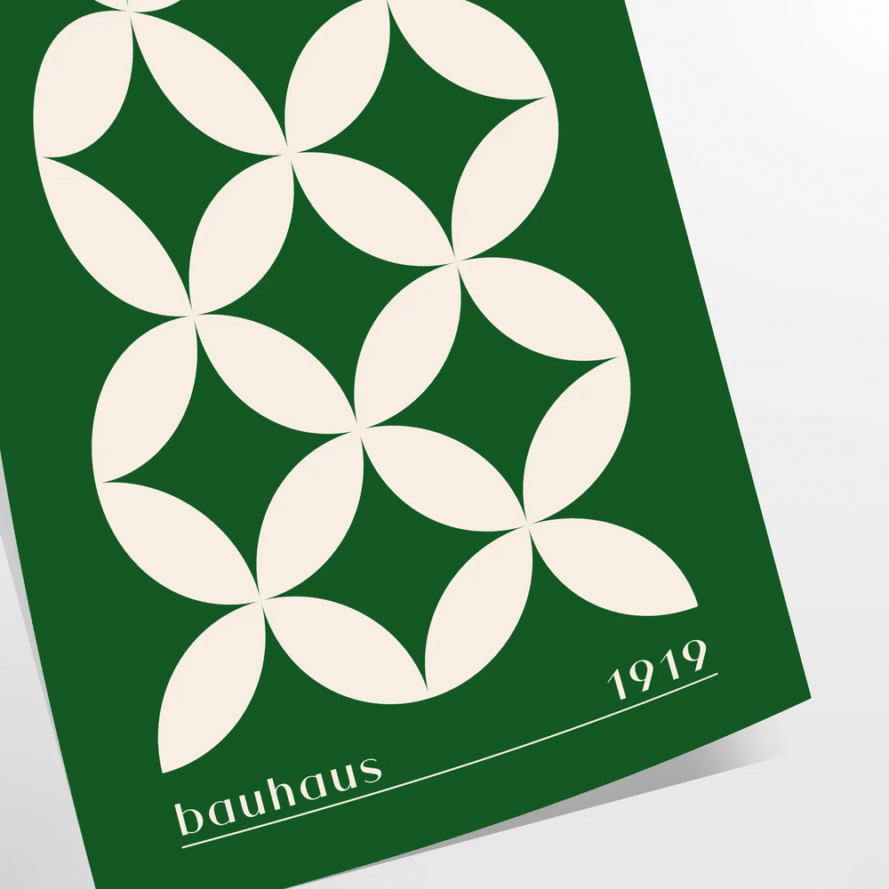 Green and white poster featuring abstract geometric shapes in Bauhaus style