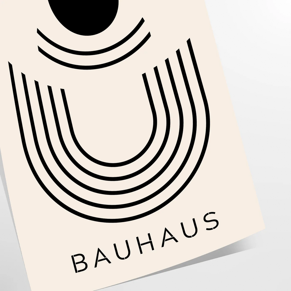 Gray and black Bauhaus geometric poster featuring minimalist abstract shapes