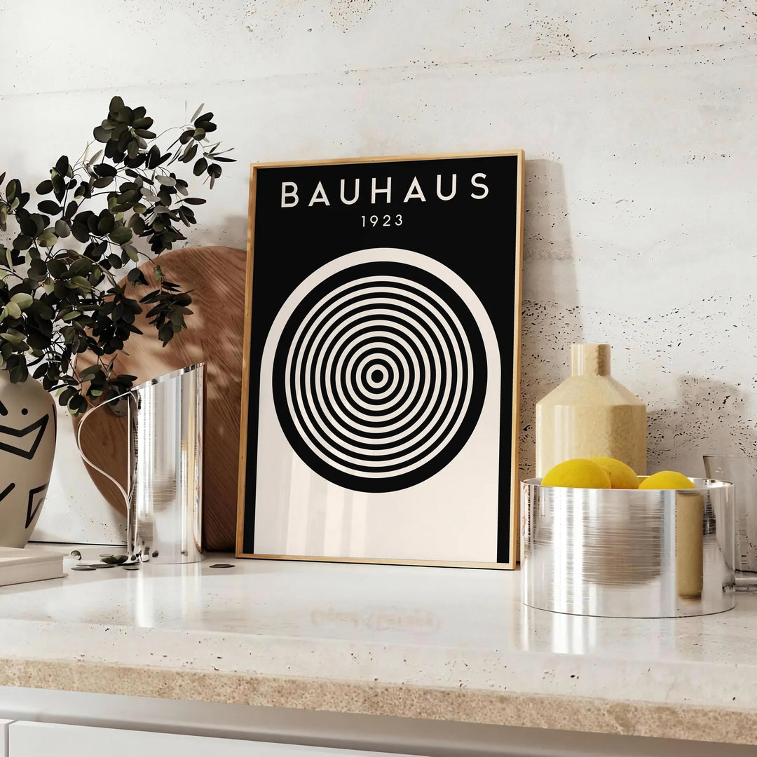Abstract geometric shapes in Bauhaus style with primary colors - styled on a counter with eucalyptus and a bowl of lemons