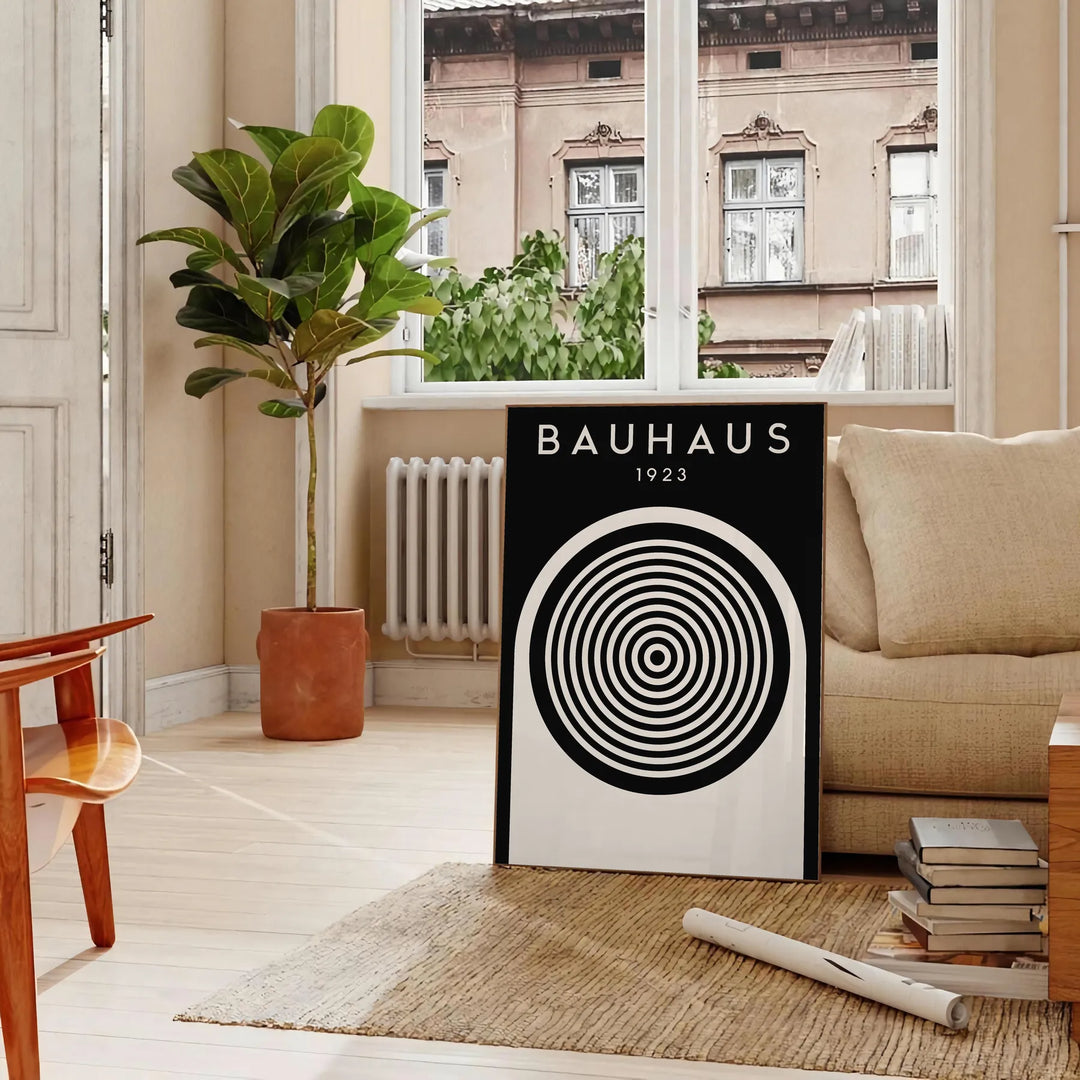 Abstract geometric shapes in Bauhaus style with primary colors - in a Parisian living room with a sofa and a fig plant